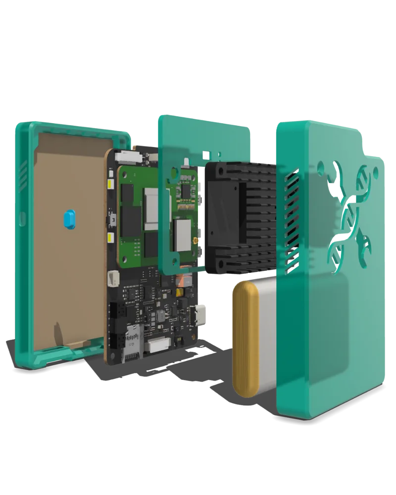 2025 Biohacking Village badge — exploded view showing the Raspberry Pi CM5 module inside the teal enclosure
